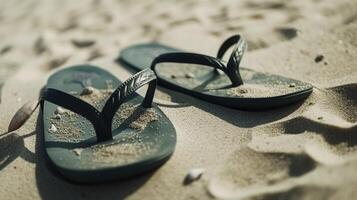 Rubber slippers, flip flops on the sand of the beach. . photo