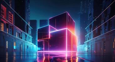 abstract red blue neon background. Glowing linear volumetric cube in the middle of the city street, under the starry night sky. Digital futuristic wallpaper . photo