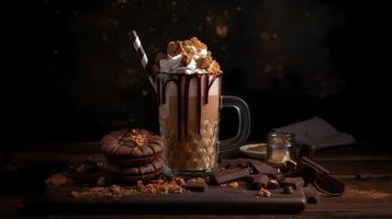 Chocolate milkshake with whipped cream and dark chocolate pieces on a dark background. photo
