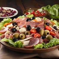 Antipasto salad with tomatoes, olives, salami, tomatoes, cheese, artichokes and basil. photo