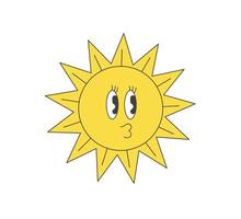 Retro groovy style funky crazy sun character. Psychedelic hippie old funny solar mascot. Abstract vintage hippy bright smiley sticker. Trendy y2k pop culture smiling sunny design. Vector trippy print