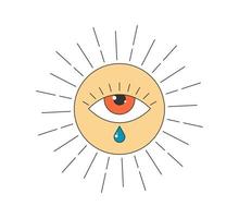Retro groovy style shiny sacral sun with eye. Psychedelic hippie old solar esoteric element. Abstract vintage hippy oracle bright sticker. Trendy y2k pop culture or boho print design. Vector symbol