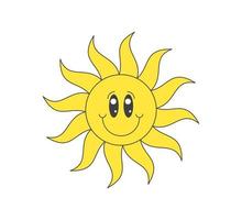 Retro groovy cheerful sun character. Psychedelic hippie funky solar mascot. Abstract vintage hippy funny smile sticker. Trendy y2k pop culture smiling sunny hipster symbol. Vector eps trippy print