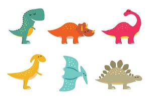 Cute colourful dino set. Kind smiling dinosaur collection. Cartoon graphic brontosaurus, tyrannosaurus rex, pterodactyl, triceratops, stegosaurus and parasaurolophus design. Creative hand drawn prints vector