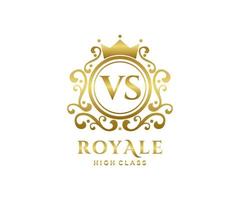 Golden Letter VS template logo Luxury gold letter with crown. Monogram alphabet . Beautiful royal initials letter. vector