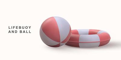 3D realistic beach ball and lifebuoy. Vector illustration.