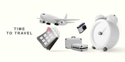 Time to travel concept. 3d realistic Booking airline tickets online. Vector illustration.