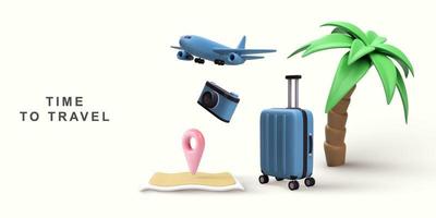 3d realistic - Time to travel with suitcase, palm tree, hat, camera, airplane, map. Vector illustration.