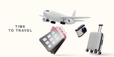 3D realistic airplane, camera, calendar and suitcase. Vector illustration.
