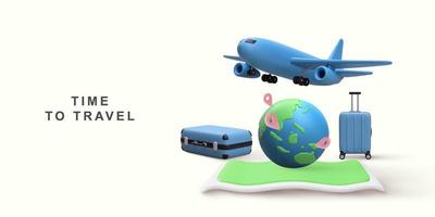 3D realistic globe pin map and suitcase with flight plane travel. Vector illustration.