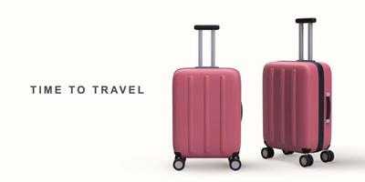 3D realistic burgundy travel trolley bags. Vector illustration.