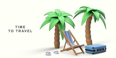 3d summer vacation concept with beach chair and summer elements. Vector illustration.