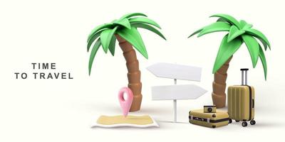 3d realista mundo viaje concepto con palma árboles, cámara, mapa, puntero y bolsos de mano vector ilustración.