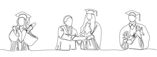 Continuous one line drawing graduates with diplomas vector