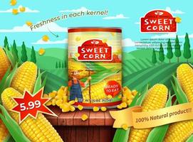 Realistic Detailed 3d Organic Canned Corn Ads Banner Concept Poster Card. Vector