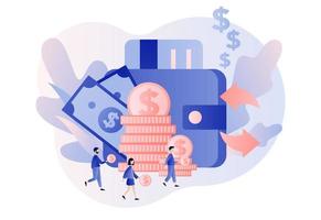 Cash back concept. Reward program, transfer money, online banking, online shopping, money growth. Tiny people refund money. Modern flat cartoon style. Vector illustration on white background