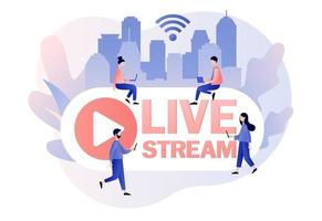 Live streaming. Tiny people that conduct and watch live stream in social networks. Modern flat cartoon style. Vector illustration on white background