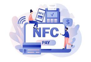 NFC payment. Tiny people use POS-terminal and payment systems. Financial transactions, terminal and credit card, online banking. Modern flat cartoon style. Vector illustration on white background