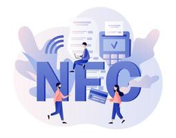 nfc pago. financiero actas, terminal y crédito tarjeta. en línea bancario. minúsculo personas utilizar pos-terminal y pago sistemas moderno plano dibujos animados estilo. vector ilustración en blanco antecedentes