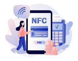 nfc pago aplicación financiero actas, terminal y crédito tarjeta, en línea bancario. minúsculo personas utilizar pos-terminal y pago sistemas moderno plano dibujos animados estilo. vector ilustración en blanco antecedentes