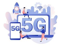 5g red inalámbrico tecnología. minúsculo personas utilizar artilugio con letras 5g en pantalla. sim tarjeta alta velocidad Internet. moderno plano dibujos animados estilo. vector ilustración en blanco antecedentes