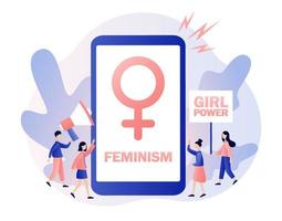 Girl power and feminism concept. Tiny women with big smartphone, banner, posters and megaphon. Female gender symbol. Modern flat cartoon style. Vector illustration on white background