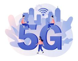 Big letters 5g and tiny people with gadgets use high-speed Internet. 5G network wireless technology. Modern flat cartoon style. Vector illustration on white background