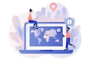 World map. Geography concept. Tiny people study atlas Earth on laptop screen. Globalisation. Modern flat cartoon style. Vector illustration on white background