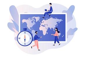 Geography concept. World map. Tiny people study atlas Earth. Globalisation. Modern flat cartoon style. Vector illustration on white background