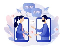 Mobile chat App. Tiny people chatting in mobile smartphone screen. Online communication, social networking, messages, speech bubbles. Modern flat cartoon style. Vector illustration on white background