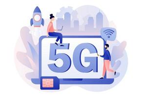 5g red inalámbrico tecnología. minúsculo personas utilizar ordenador portátil con letras 5g en pantalla. sim tarjeta alta velocidad Internet. moderno plano dibujos animados estilo. vector ilustración en blanco antecedentes