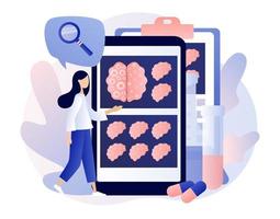 Neurology science and brain research concept. Tiny woman studies Head Tomography on smartphone screen. Human brain and psychology. Modern flat cartoon style. Vector illustration on white background