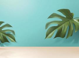 Turquoise green background decorated with monstera leaves, for product display use, 3d illustration vector