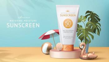 3d illustration of sunscreen ad template, realistic mock-up displayed on pink stage, decorated with flamingo swim ring, potted tropical plant and umbrella vector