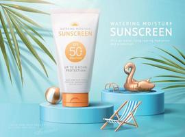Ad template for summer products, sunscreen tube mock-up displayed on podium with swimming pool and palm leaves, 3d illustration vector