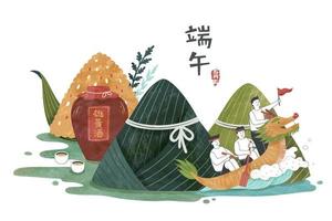 Dragon boat festival poster in flat style, people rowing boat alone waves and passing through rice dumpling islands, Chinese translation, Duanwu, 5th May in lunar calendar, and realgar wine vector