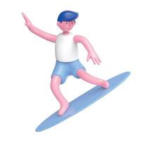 Cute surfer character with tank top and shorts, isolated on white background, 3d illustration vector