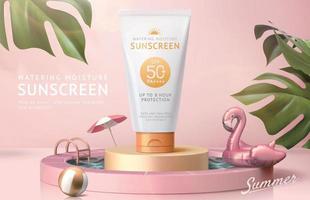 Ad template for summer products, sunscreen tube mock-up displayed on podium in swimming pool, 3d illustration vector