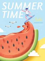 Summer concept poster, cute character riding juice wave of tasty watermelon, 3d illustration vector