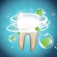 Realistic tooth model with dynamic whitening effect and flying mint leaves, 3d illustration vector