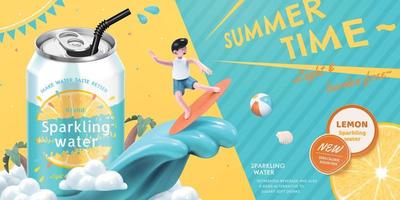 Ad template of lemon sparkling water, with cute boy surfing beside soda can, concept of summer beverage, 3d illustration vector