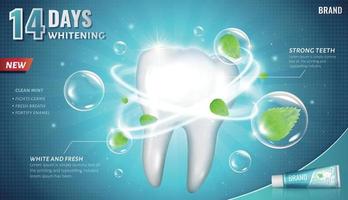 Ad template for toothpaste and other oral care products, with giant tooth model and dynamic whitening effect, 3d illustration vector