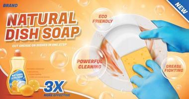 Ad template for natural dish soap, with hands in blue gloves using sponge to wash dirty dish, 3d illustration vector