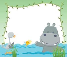 Vector cartoon of blank empty background template, funny hippo with crane bird and fish in swamp