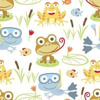 Seamless pattern vector of cartoon swamp animals with lotus