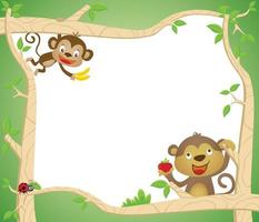 Vector cartoon of blank empty background template, two monkeys with fruits and ladybug