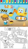 Vector cartoon of funny digger with a little bear in worker costume, coloring book or page