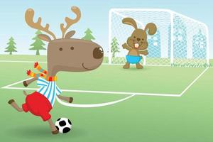 Vector illustration of cartoon deer with rabbit playing soccer in soccer field