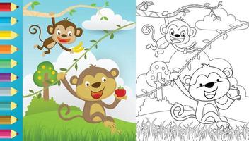 Vector cartoon of two monkey carrying fruit hanging on tree branches, coloring book or page