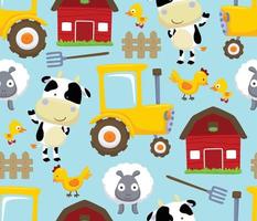 Seamless pattern vector of farm animals with farming elements cartoon